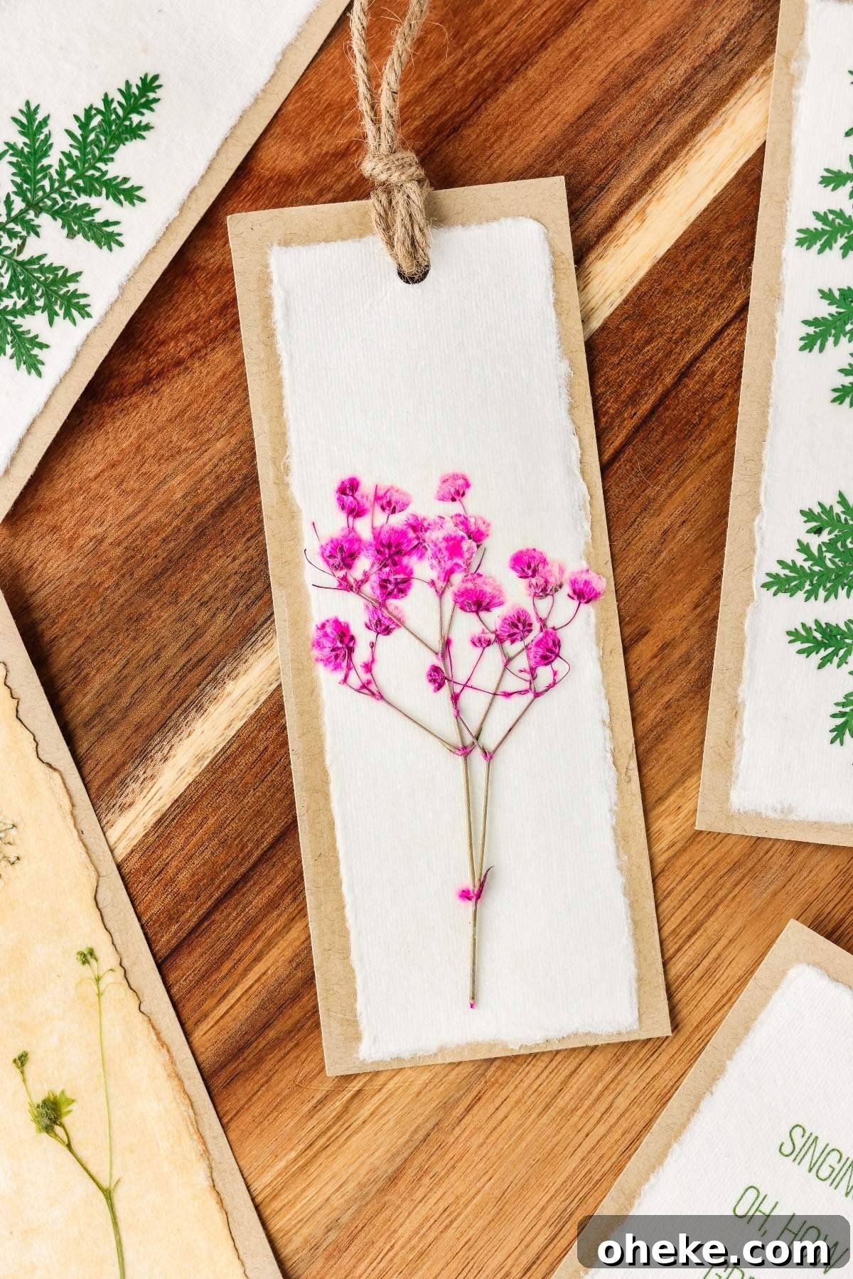 DIY Pressed Flower Bookmarks: Step-by-Step Craft Tutorial 3 A handmade pressed flower bookmark with a pink bloom and jute string rests on a wooden surface, surrounded by similar DIY botanical designs.