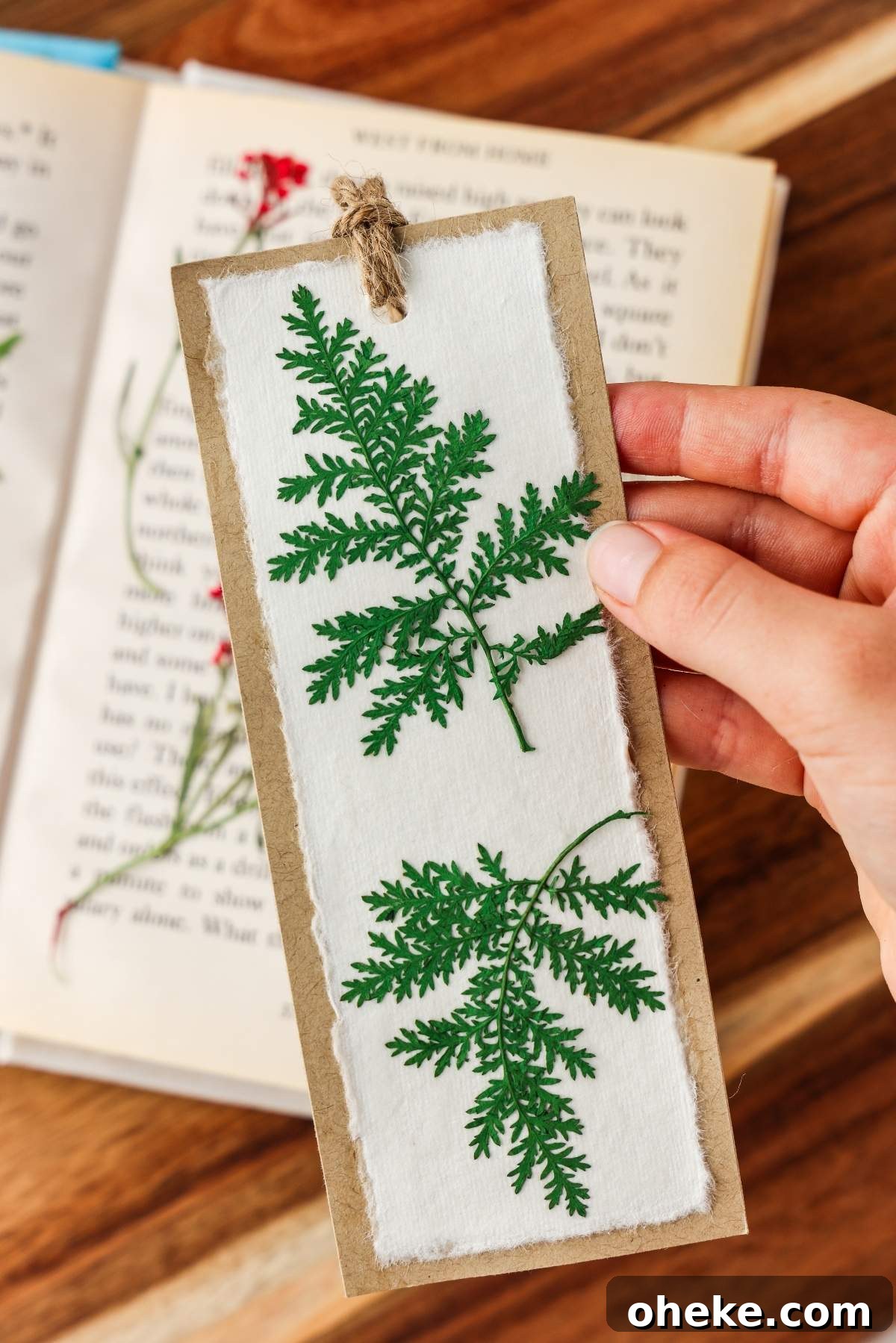 DIY Pressed Flower Bookmarks: Step-by-Step Craft Tutorial 4 A hand holds a handmade bookmark with pressed fern leaves, crafted in a DIY style, next to an open book showcasing a vibrant red flower delicately preserved on the page.