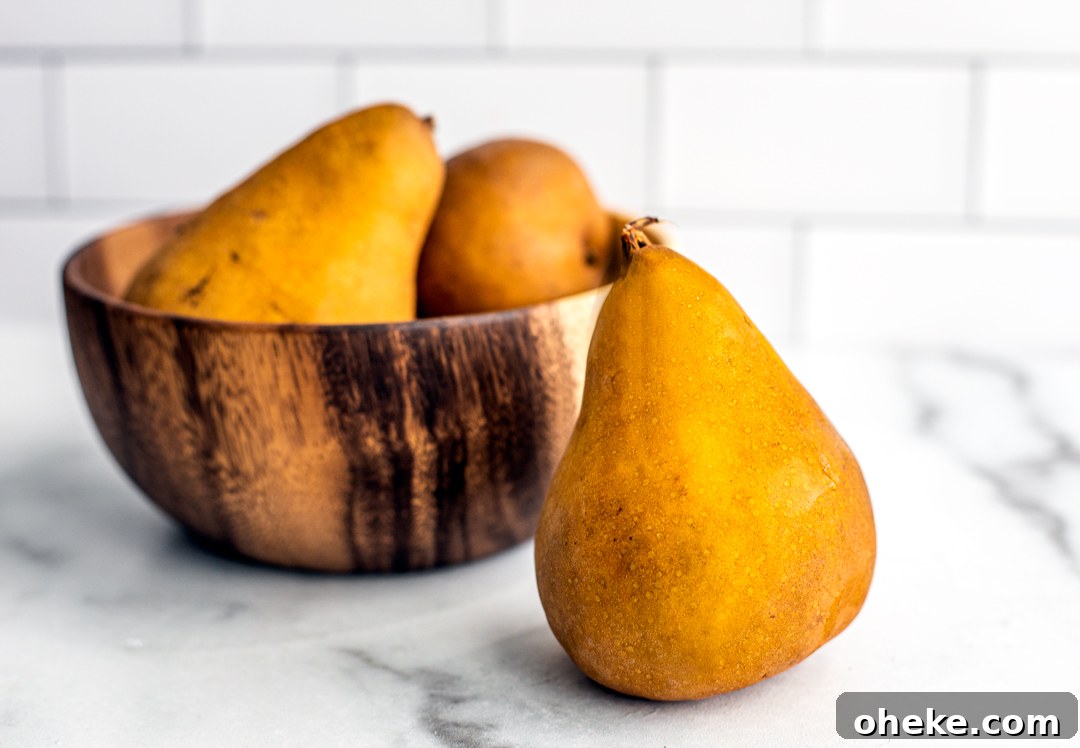 Bowl of Bosc pears on a counter top.