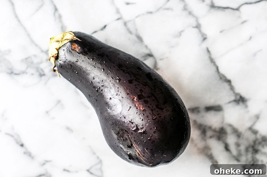 Eggplant on marble countertop.
