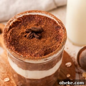 Tiramisu Overnight Oats Recipe — Creamy Coffee Breakfast Jar 2 Overhead image of tiramisu overnight oats.