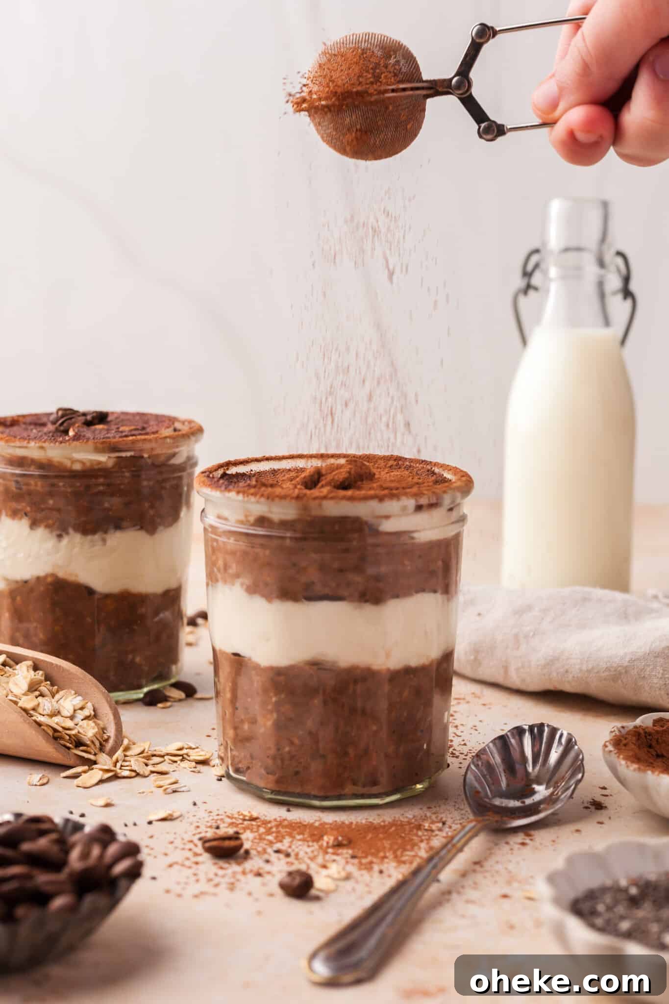 Based on the Italian coffee-infused dessert, these tiramisu overnight oats are a delicious, surprisingly nutritious way to start the day. Add a final layer of mascarpone topping to the oats and dust with cocoa powder.