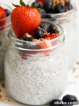 3 jars of chia pudding with protein powder that have been topped with blueberries, chopped strawberries, granola, and a whole strawberry each.