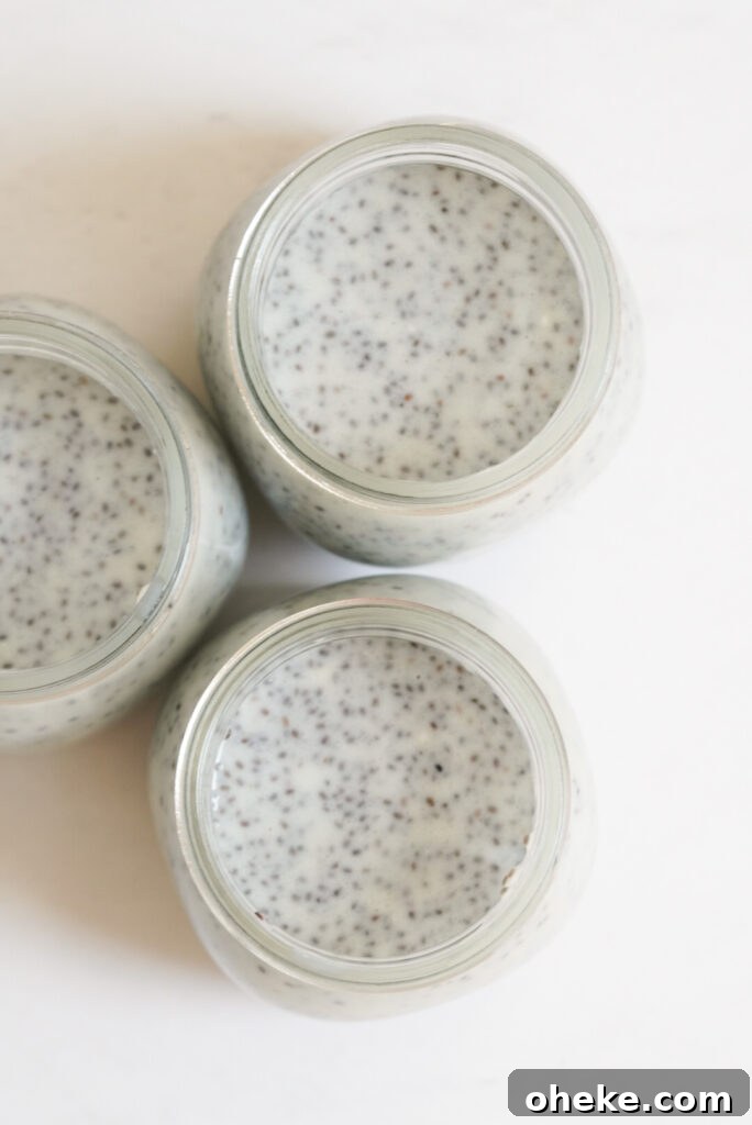 High-Protein Chia Pudding Recipe for Muscle Fuel 6 flat lay shot of chia seed pudding in jars; the pudding is white with black chia seed flecks on a white table.