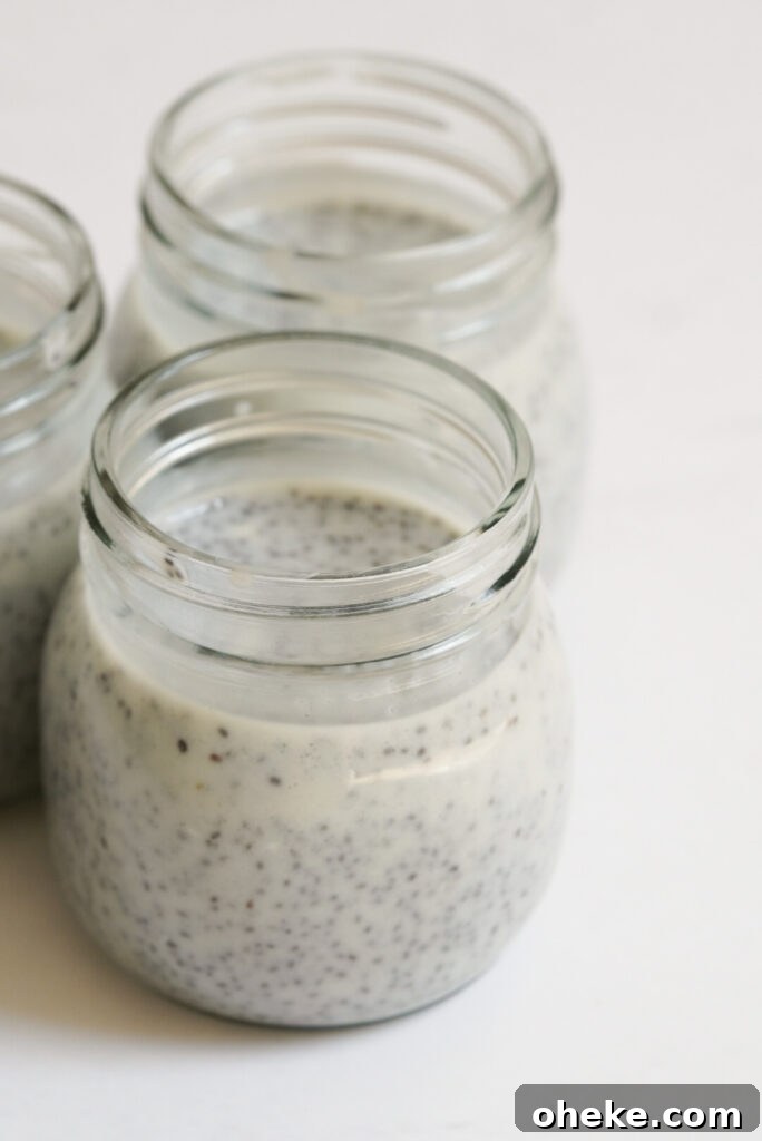 High-Protein Chia Pudding Recipe for Muscle Fuel 7 protein chia seed pudding after divvying into mason jars.