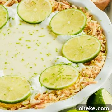 Tequila Lime Key Lime Pie Recipe with a Boozy Graham Cracker Crust 9 half of a tequila key lime pie garnished with limes and toasted coconut on white background.