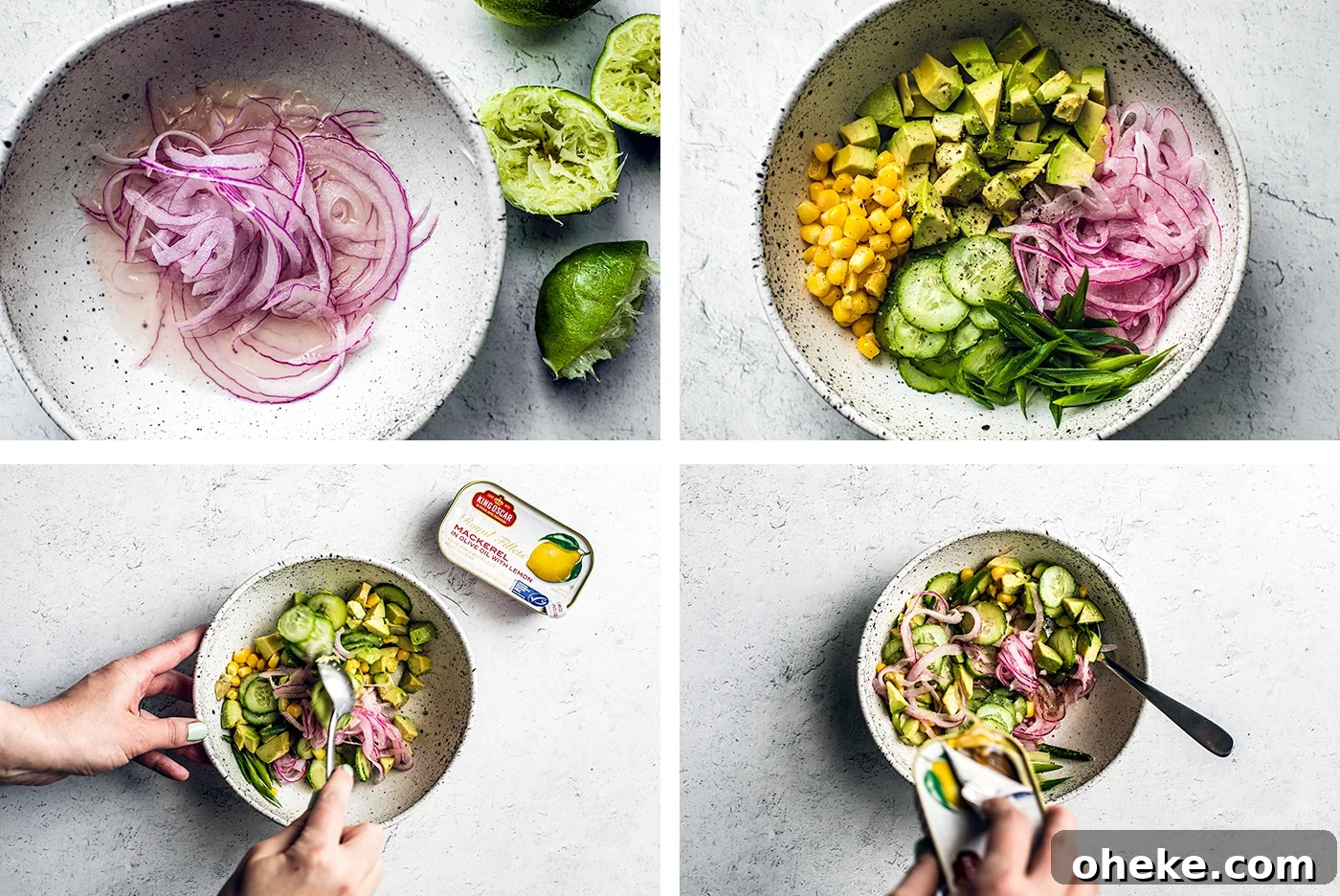 Citrus Avocado Mackerel Salad with Herb Vinaigrette 5 Overhead shot of process photos of salad being mixed.