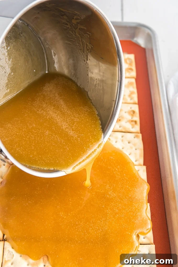 homemade caramel poured over saltine crackers