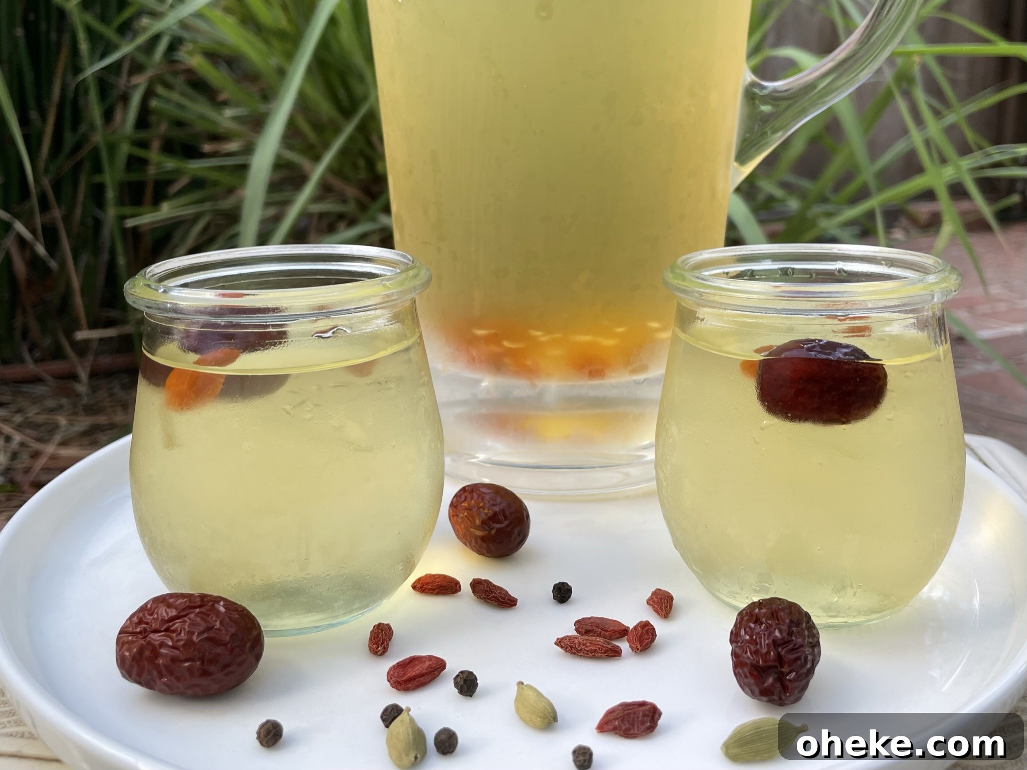 Serve chilled with a few goji berries and a jujube.
