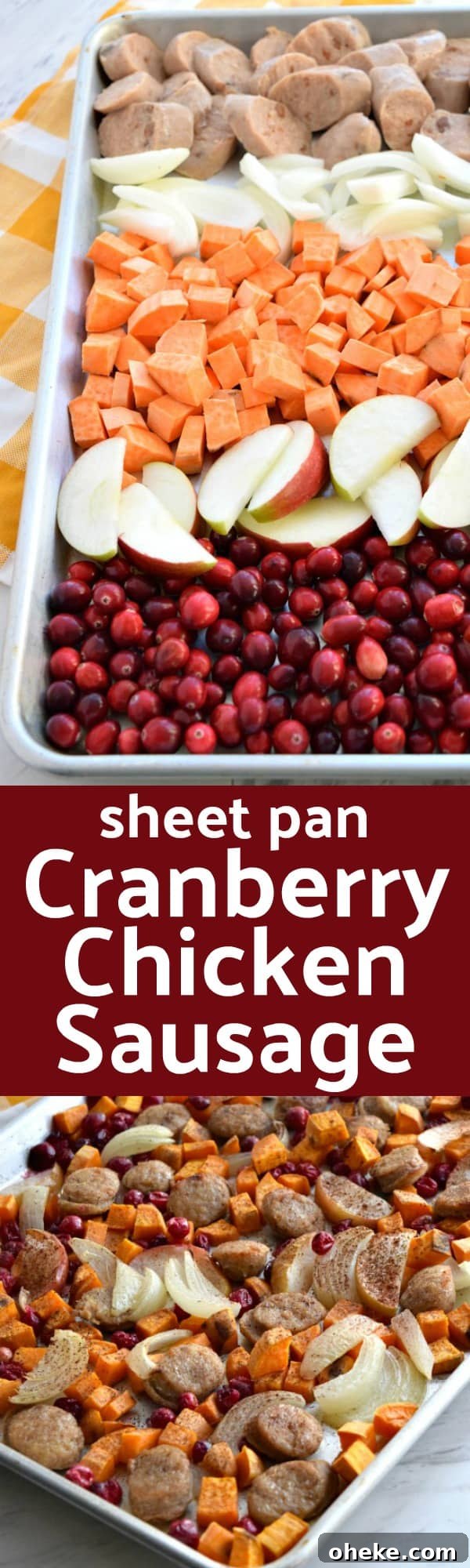 Close up of colorful uncooked Sheet Pan Cranberry Chicken Sausage Pinterest Pin #sheetpan #cranberry #dinnerideas
