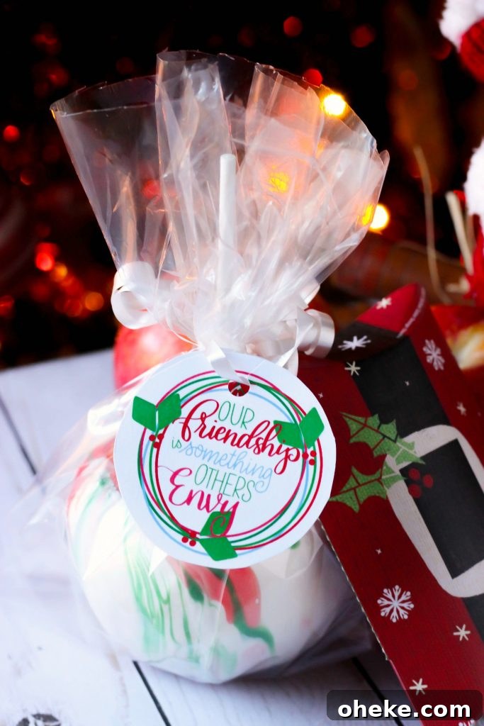 Close up of a decorated apple with gift card
