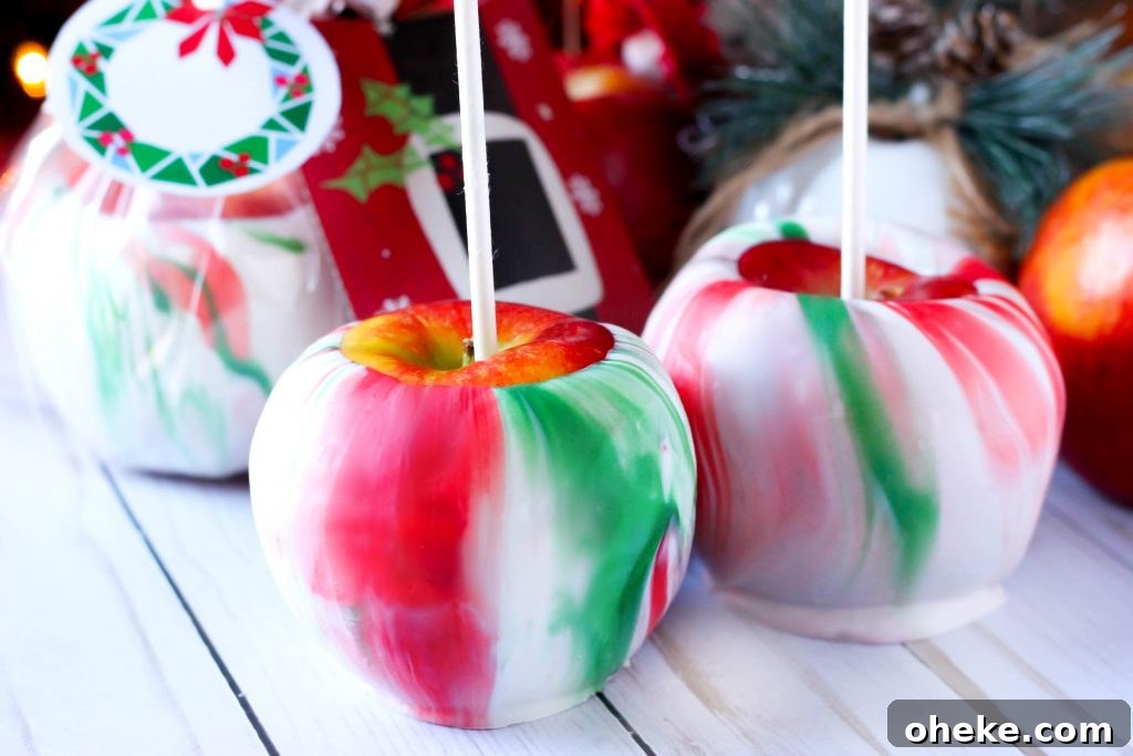 Marbled dipped apples close up