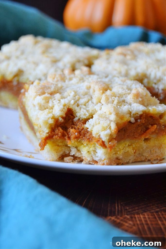 Pumpkin Pie Crumble Bars Recipe — Fall Dessert Bars 8 closeup of a pumpkin crumb bar with a bite missing