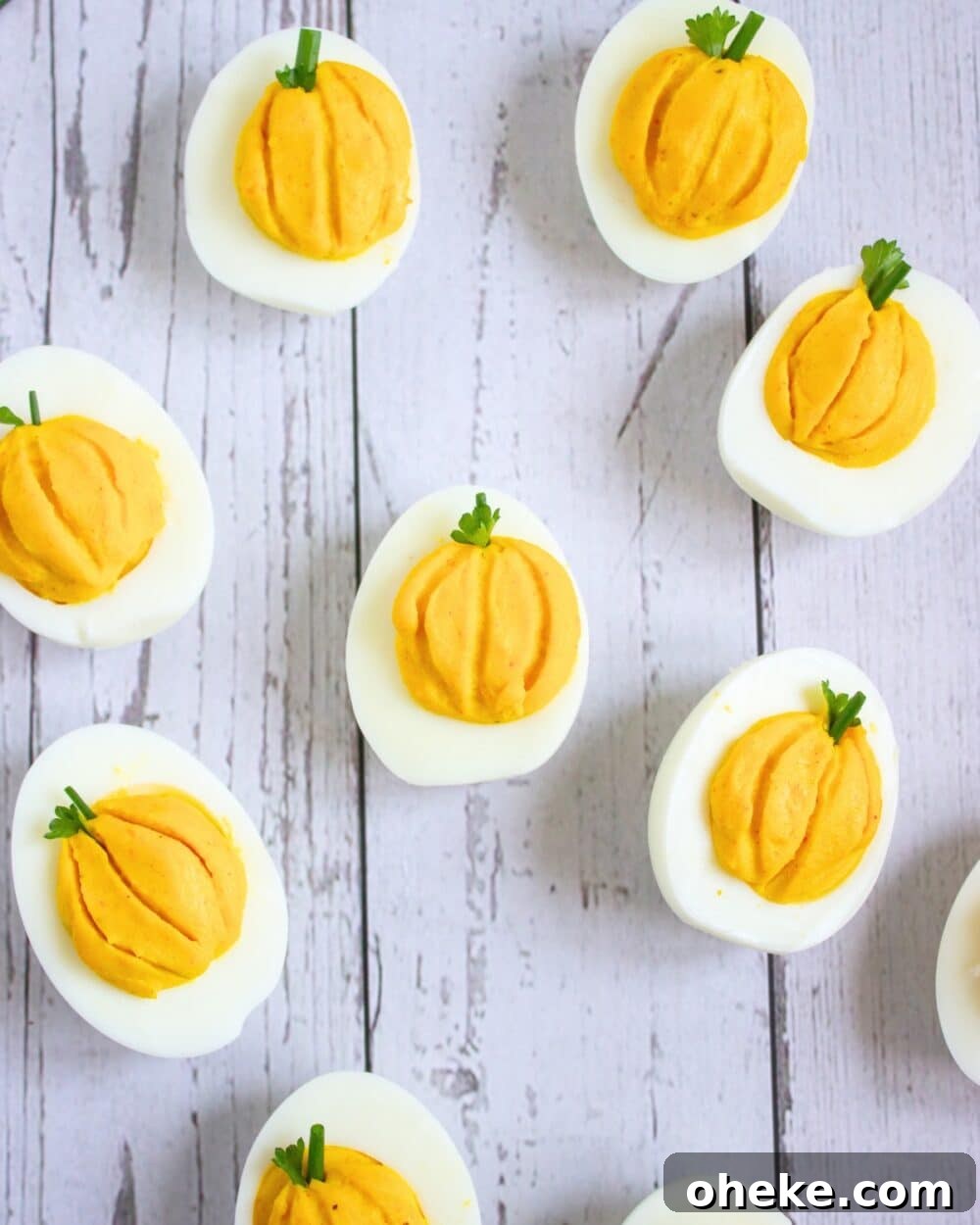 Pumpkin-Spiced Deviled Eggs for Low-Carb Fall Brunch 2 overhead view of Low Carb Pumpkin Deviled Eggs
