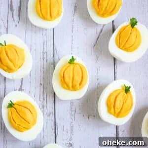 overhead view of Low Carb Pumpkin Deviled Eggs