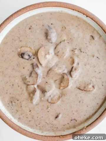 A bowl of mushroom soup on a marble surface.
