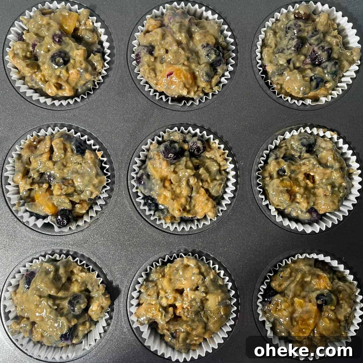 Moist Buttermilk Blueberry Muffins Recipe for Perfect Muffins 10 Muffing mixture scooped into paper cases in a muffin tray.