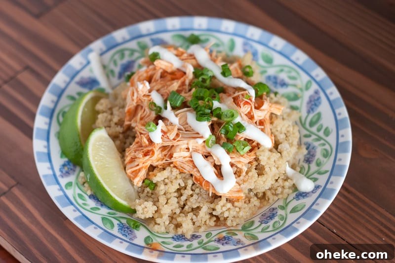 Mexican salsa chicken in a pretty blue and green bowl served with brown rice and lime wedges for garnish