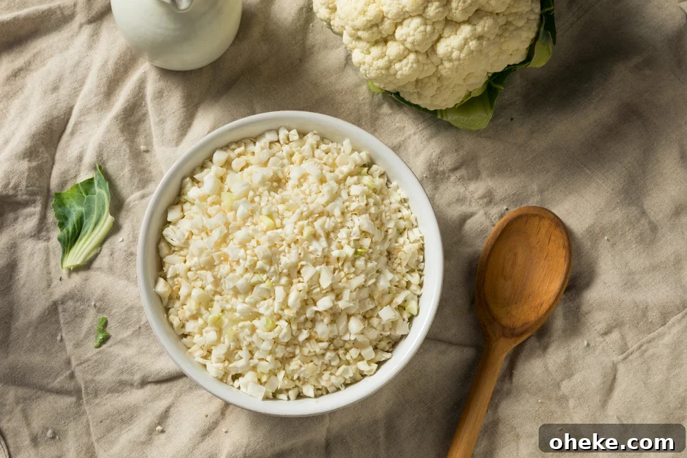 Cauliflower rice in bowl with pale background table
