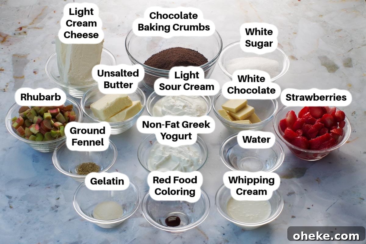Ingredients in Strawberry Rhubarb Cheesecake in glass bowls, labelled.