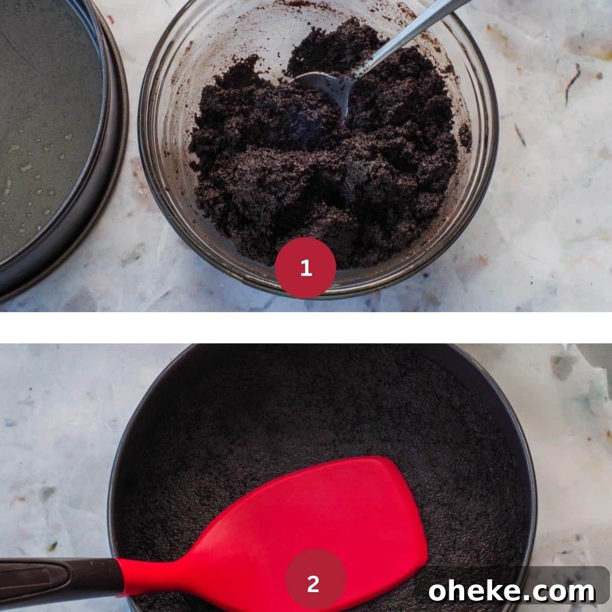 Collage of 2 photos of chocolate crust being made for strawberry rhubarb cheesecake (no bake)