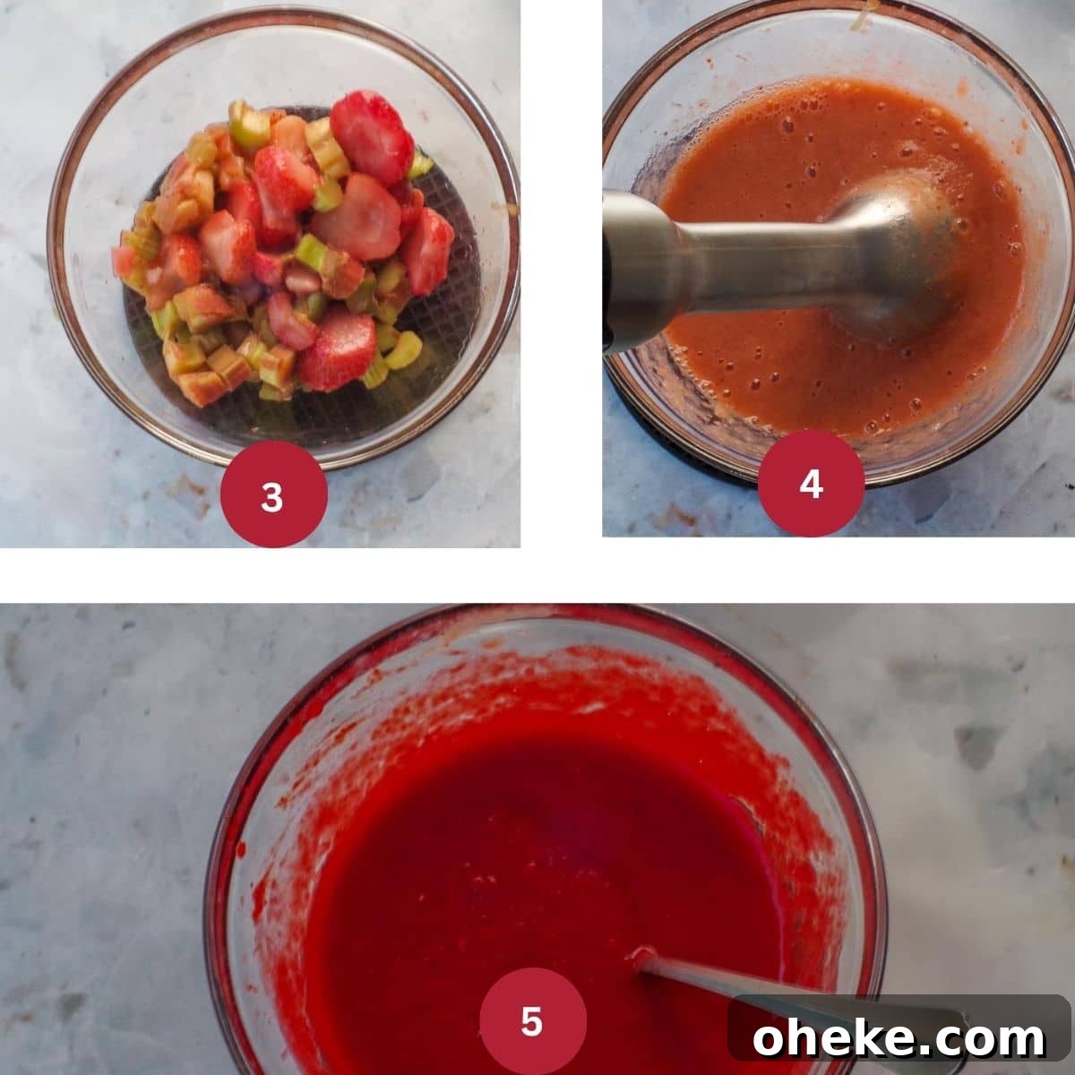 3 photos of strawberry rhubarb swirl being made