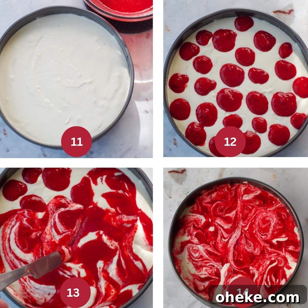 Collage of 4 photos of cheesecake being assembled.