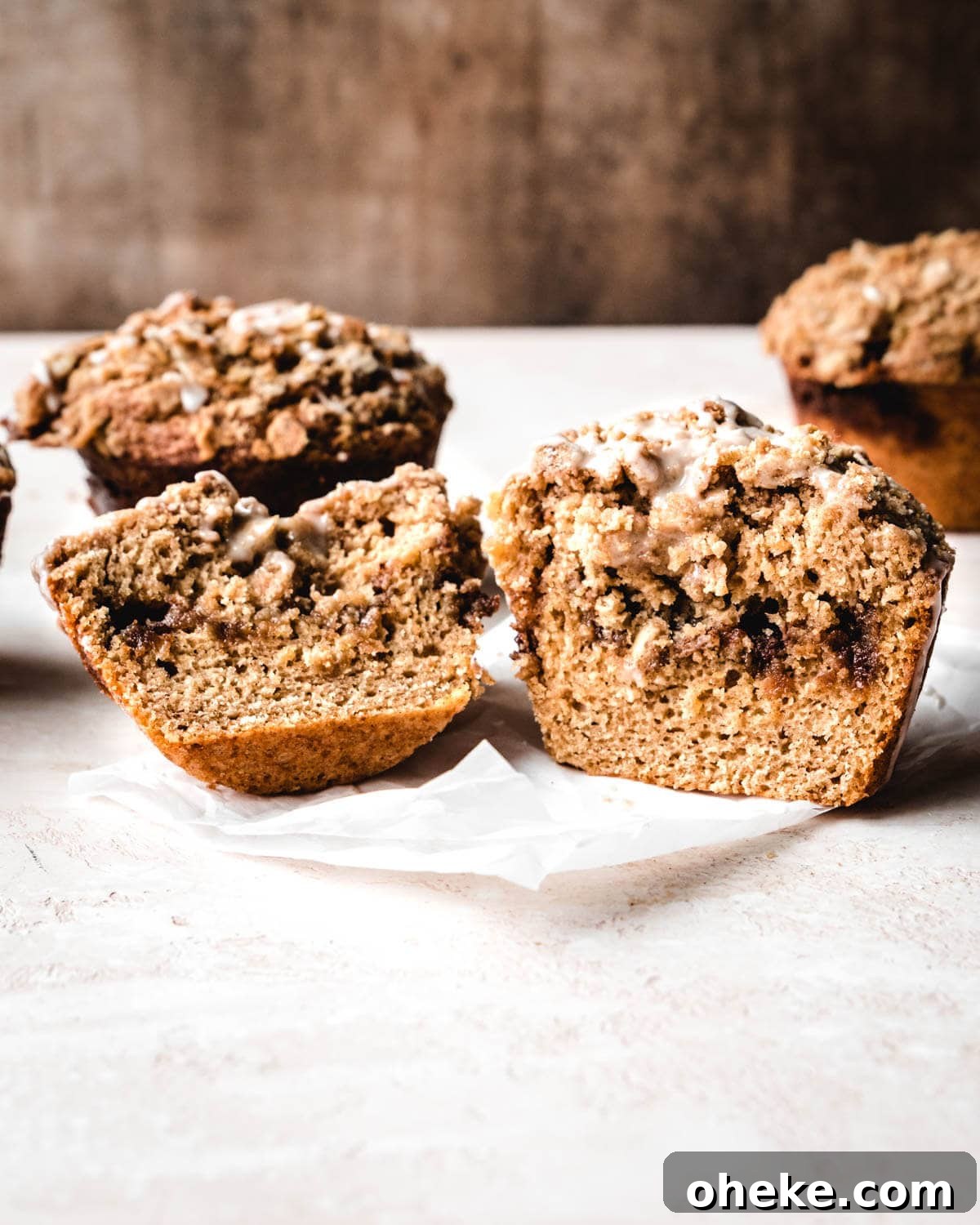 Moist Cinnamon Streusel Muffins Recipe for Perfect Breakfast 3 A cinnamon streusel muffin cut in half.