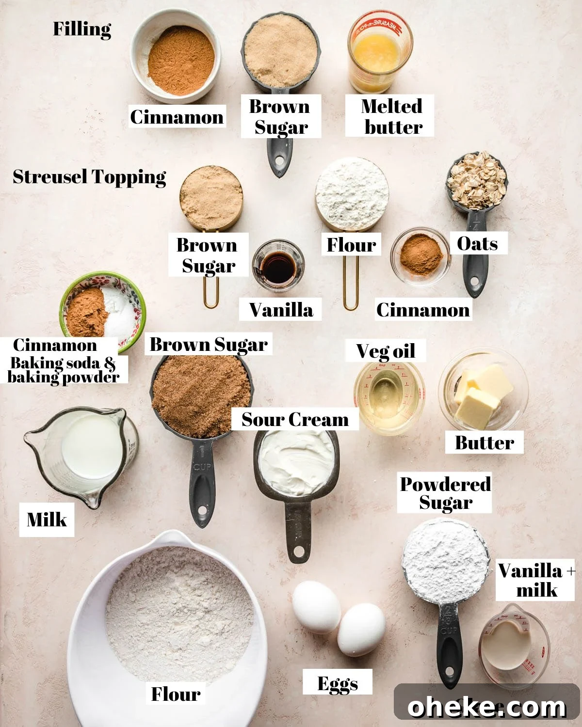 Moist Cinnamon Streusel Muffins Recipe for Perfect Breakfast 5 Ingredients needed to make cinnamon streusel muffins shown and labeled.
