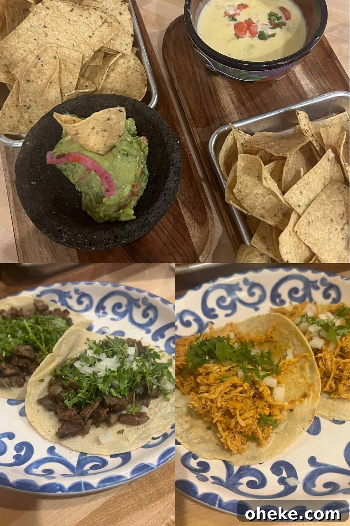 Tacos, guacamole, queso, and chips.