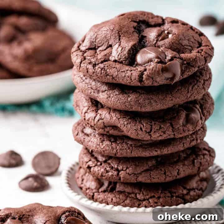 A stack of gluten-free double chocolate chip cookies.