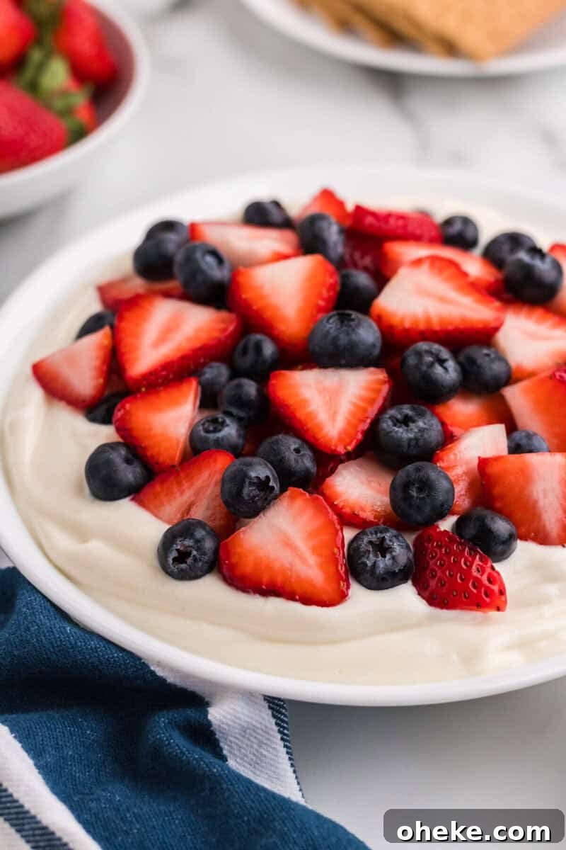 closeup of the Patriotic Cheesecake Dip.