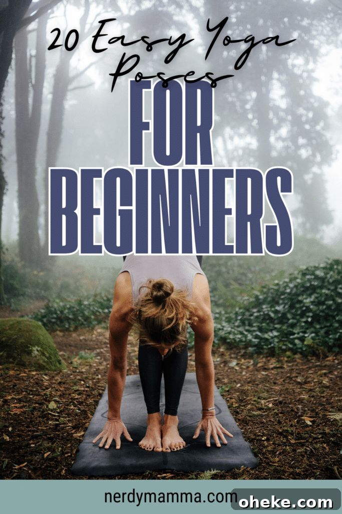 20 Beginner Yoga Poses with Free Printable Guide 5 A woman practicing yoga outdoors in a forward fold pose, surrounded by a serene forest setting, highlighting beginner yoga practices.