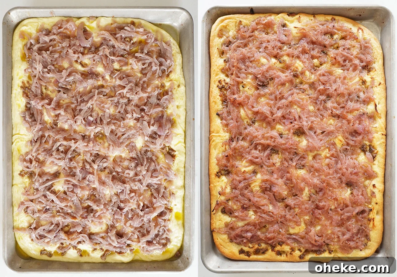 Pissaladière: French Onion and Anchovy Tart Recipe (Video) 9 Before and after of onions on focaccia-style dough, raw and baked