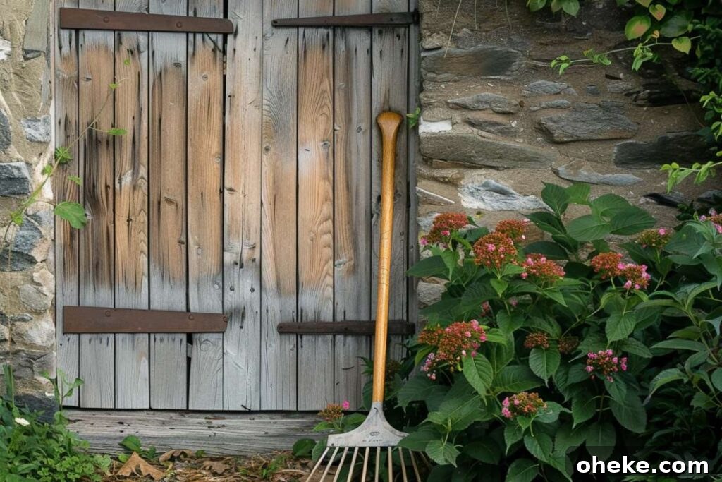 Bring Warmth Home: Secrets to Creating a Cozy, Heartfelt Living Space 2 A rustic wooden door with iron accents set into a stone wall, with a garden rake leaning against it, surrounded by lush greenery and pink flowers.