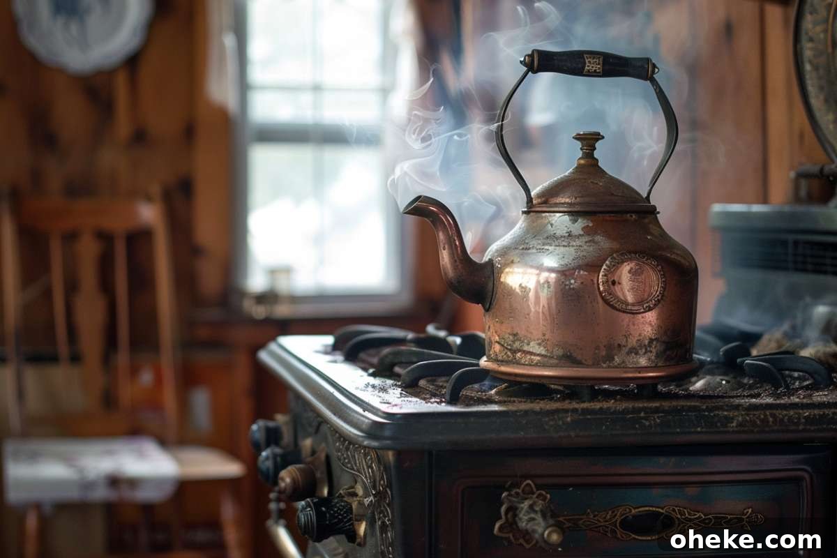 Bring Warmth Home: Secrets to Creating a Cozy, Heartfelt Living Space 4 A vintage copper tea kettle releasing steam on an old-fashioned wood stove, suggesting a warm, homey kitchen scene filled with rustic charm.