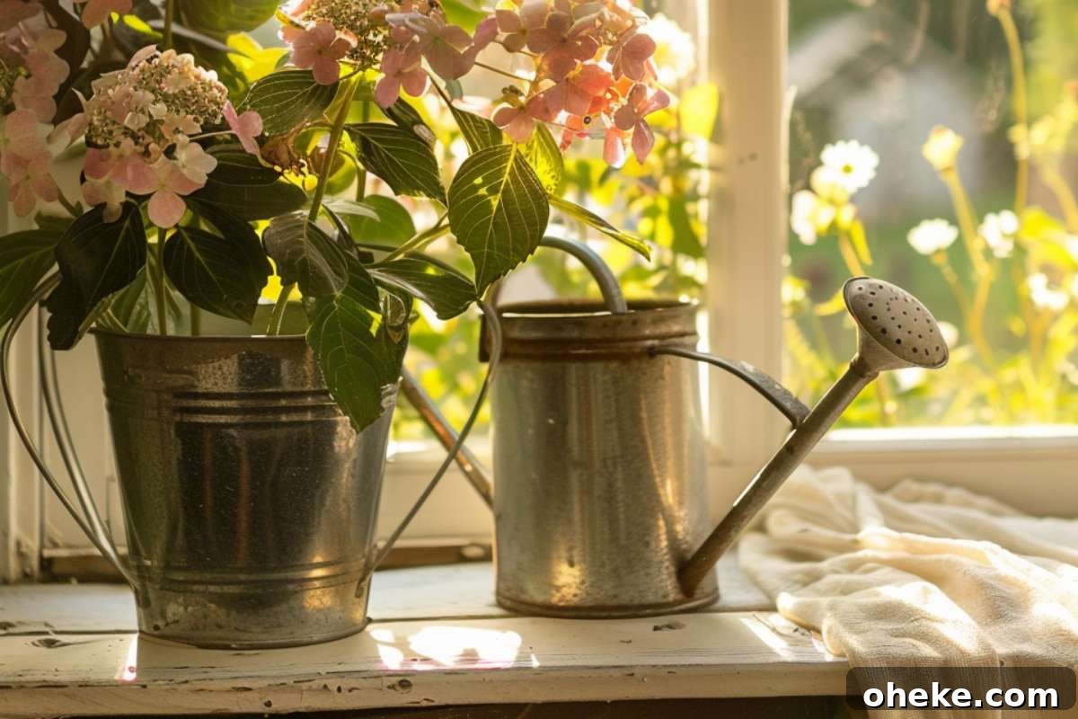 Bring Warmth Home: Secrets to Creating a Cozy, Heartfelt Living Space 5 A charming windowsill decorated with pink flowering plants in metal buckets, complemented by a vintage metal watering can, against the backdrop of a sunny garden view.