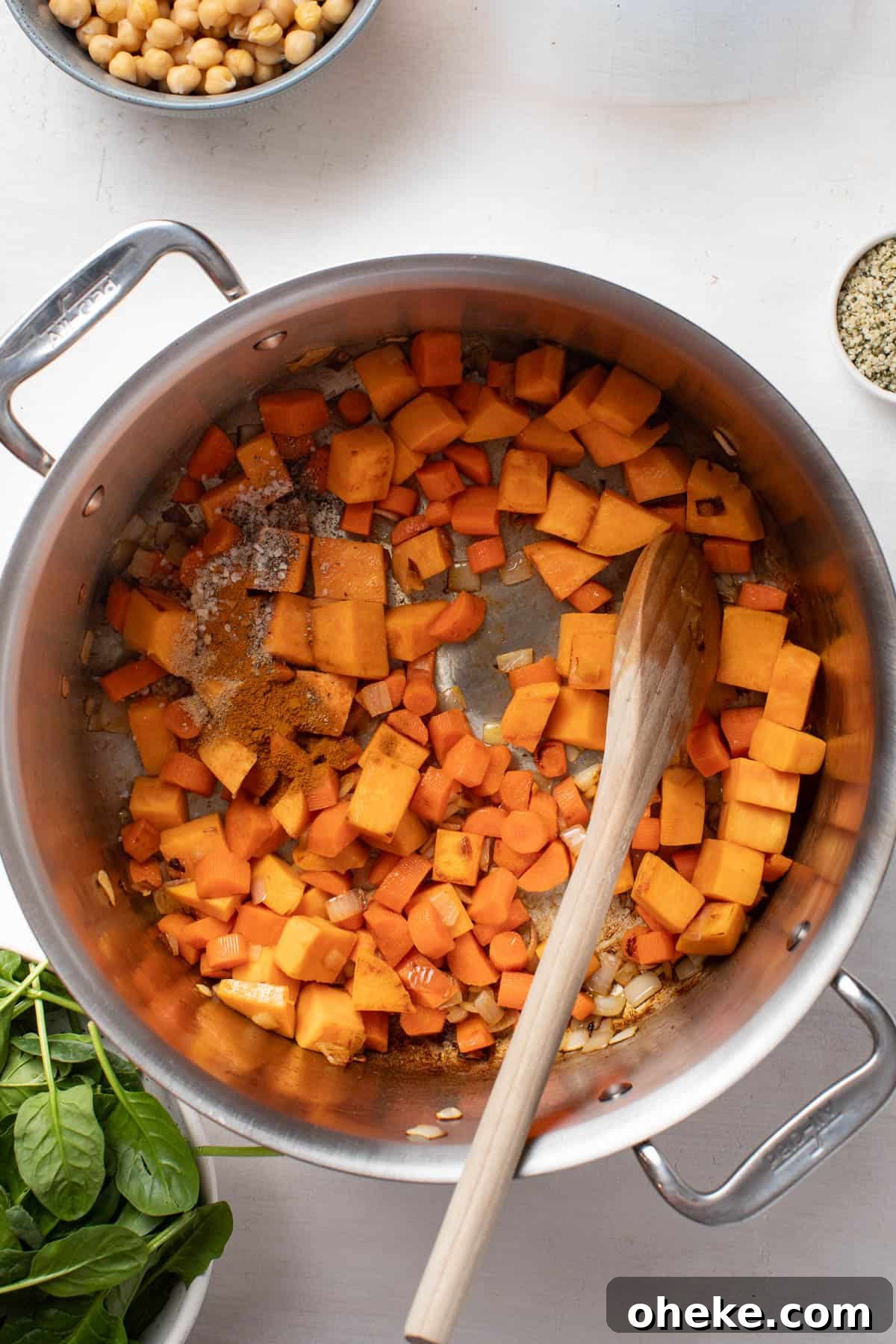 Turmeric Ginger Chickpea Stew to Reduce Inflammation 5 Adding ginger and turmeric to the sweet potatoes.
