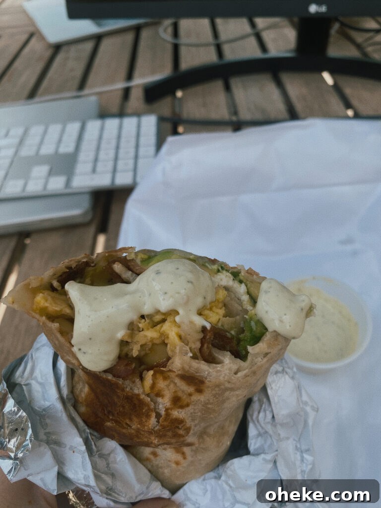 Skiers' Breakfast Burrito — Beaumont Bakery Recipe 4 Breakfast burrito with sauce