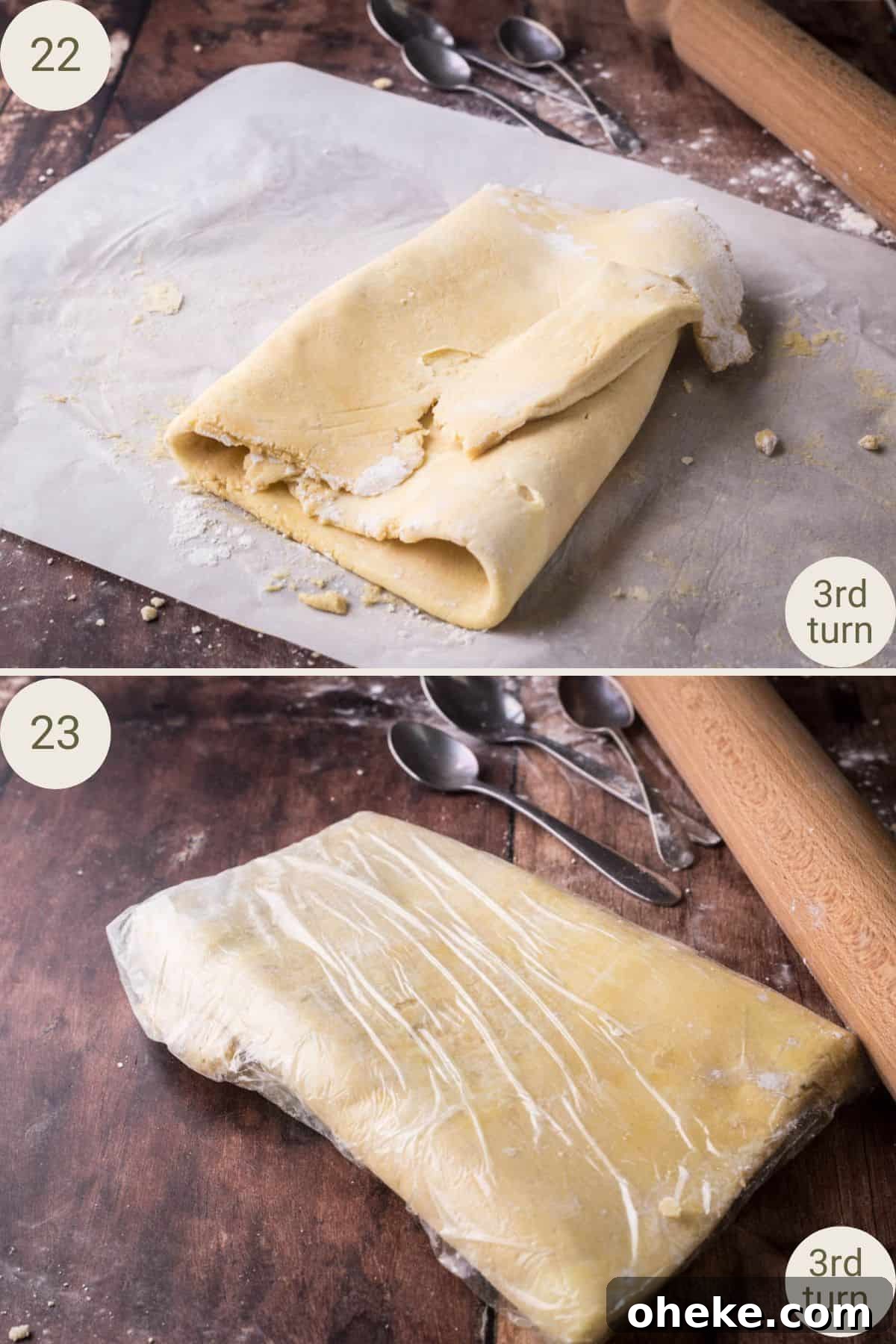 Quick Homemade Gluten-Free Rough Puff Pastry Recipe 9 Pastry dough folded after 3 turns and wrapped in cling film to chill.