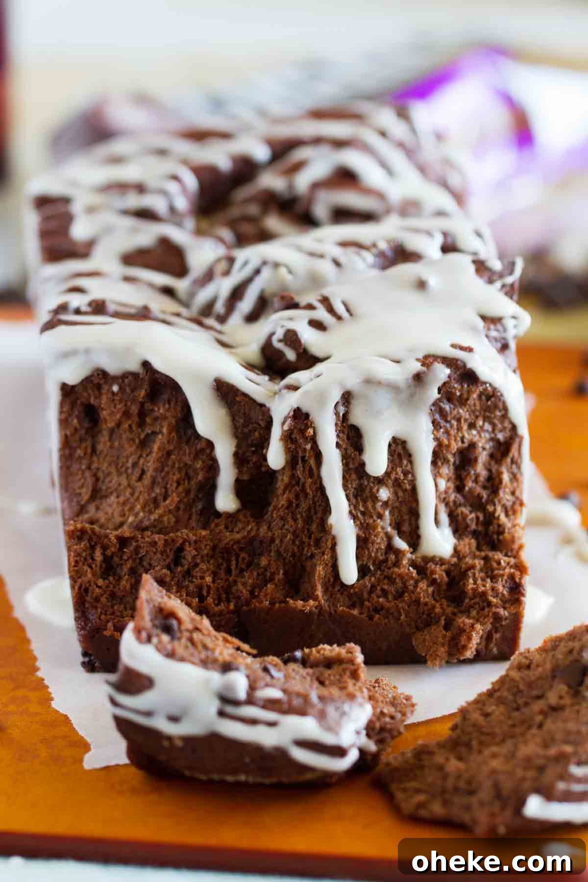 Decadent Chocolate Pull-Apart Bread Recipe 6 Chocolate Pull Apart Bread with pieces taken off.
