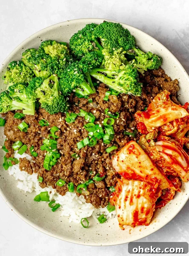 Korean beef bowl with broccoli, kimchi, and scallions; bulgogi bowl