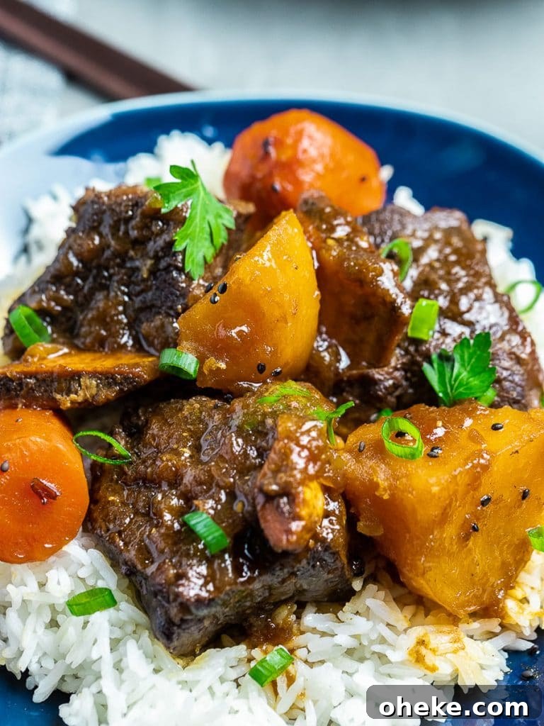 Korean style short ribs with potatoes and carrots with rice on blue plate