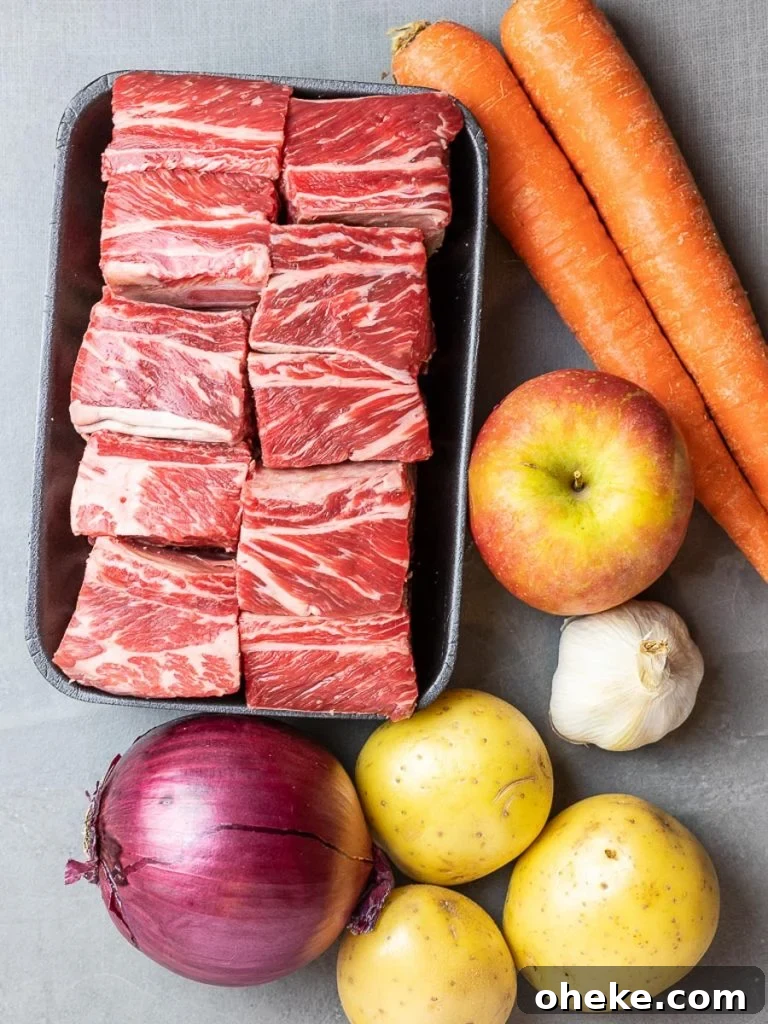 korean short ribs, carrots, apple, red onion, potatoes, and garlic