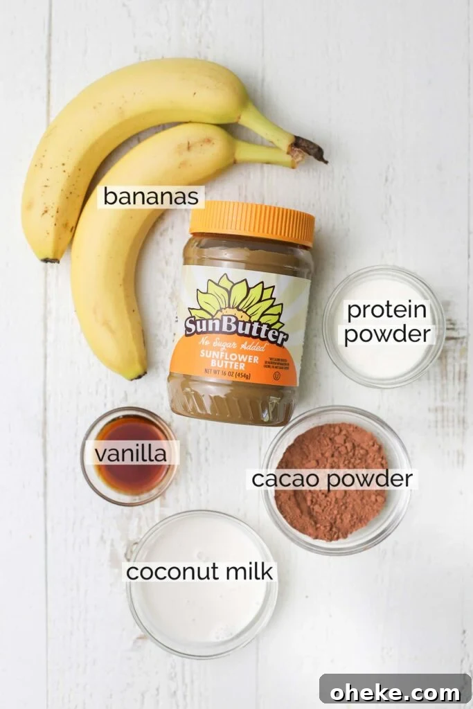 Thick Dreamy Chocolate Smoothie Bowl Recipe for Breakfast 3 The ingredients needed to make thick chocolate smoothie bowls.