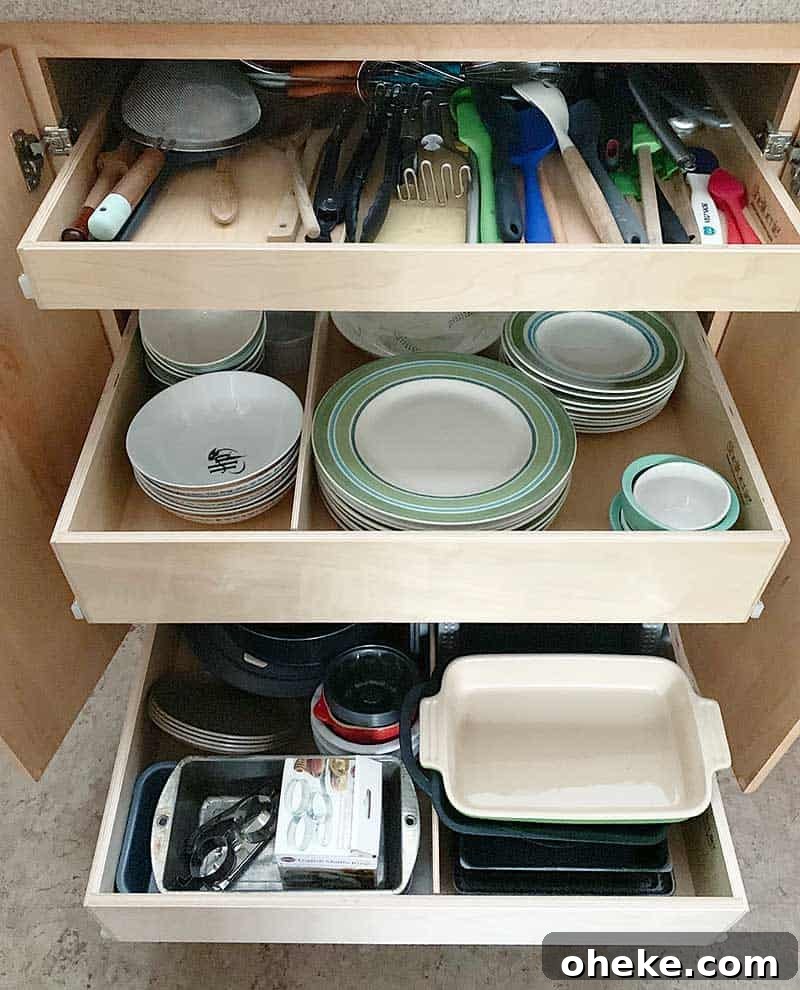 Mini Kitchen Makeover: Transform Cabinets with ShelfGenie Inserts 2 After: 3 pull out ShelfGenie Drawers