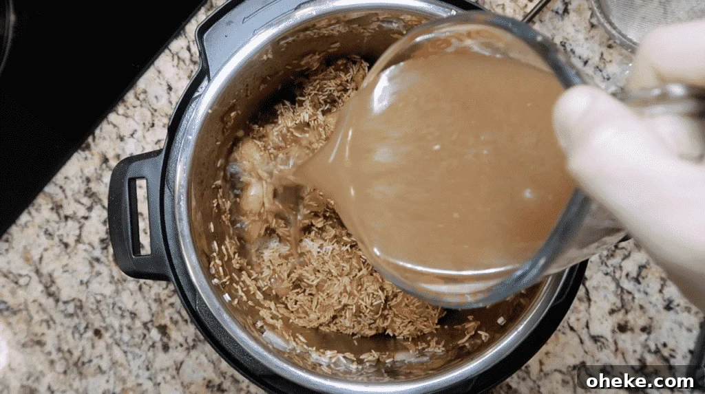 Pouring broth in pot