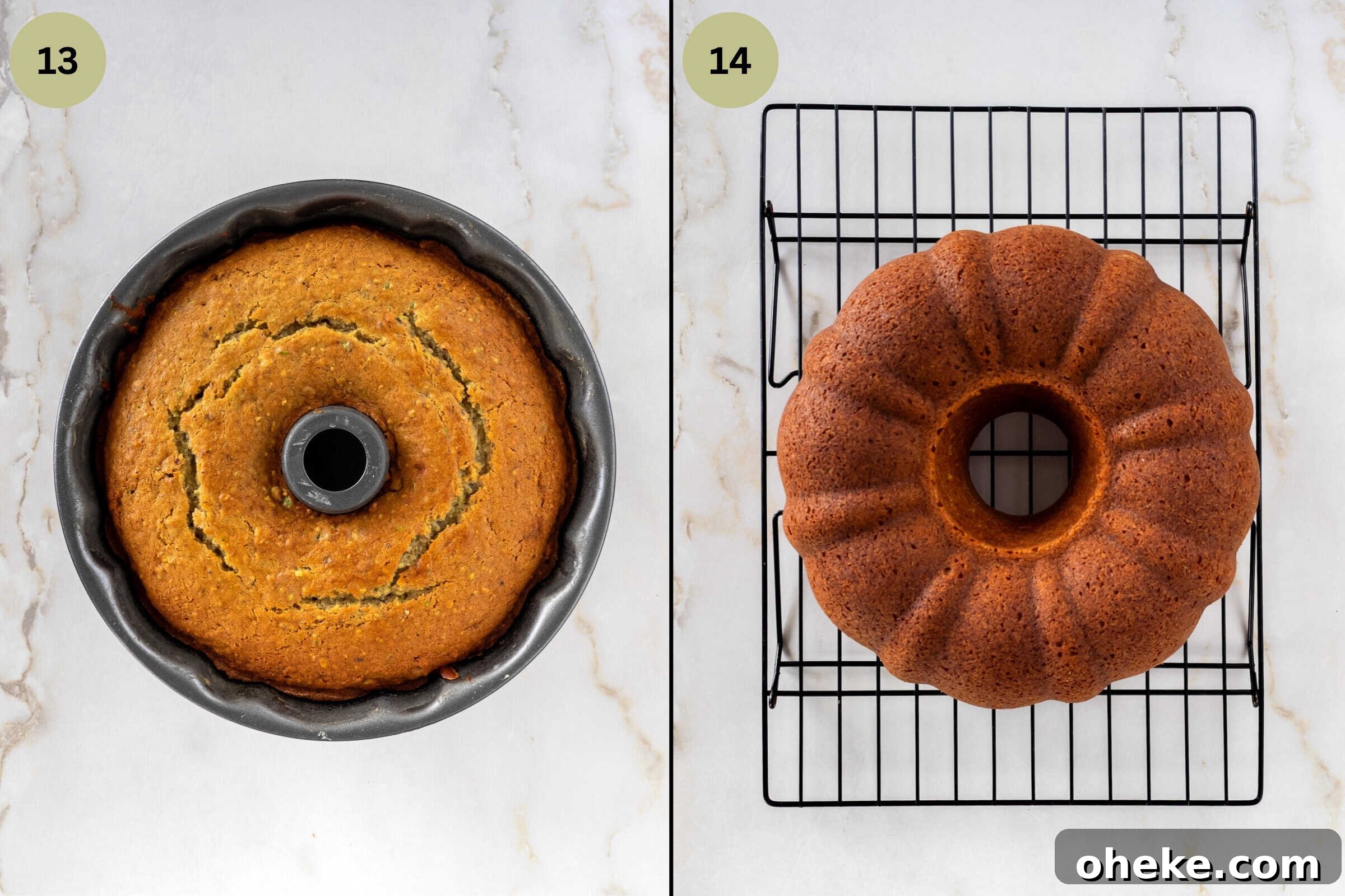 Baked cake in bundt pan and second image with cake turned onto wire rack.