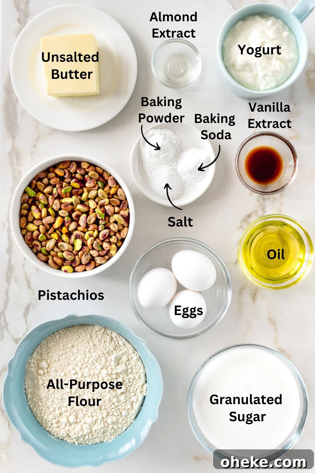 Ingredients needed to make a pistachio bundt cake.