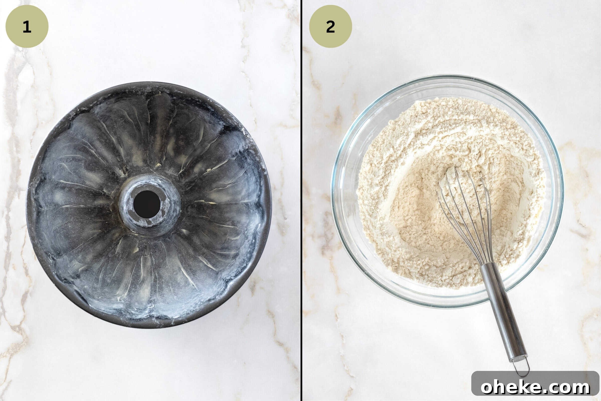 Greased and floured bundt pan in one image and second image contains a bowl with dry ingredients and whisk.